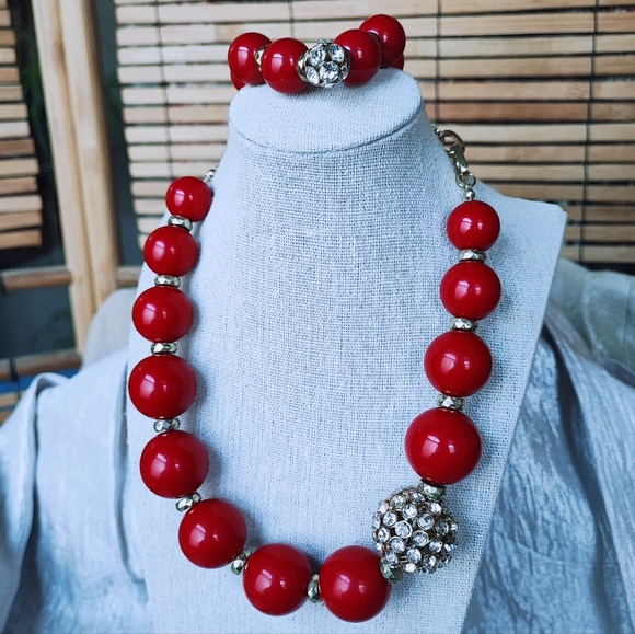 Stephan & Co Lipstick Red Acrylic Round Bead Bracelet and Necklace Rhinestones - Picture 1 of 10